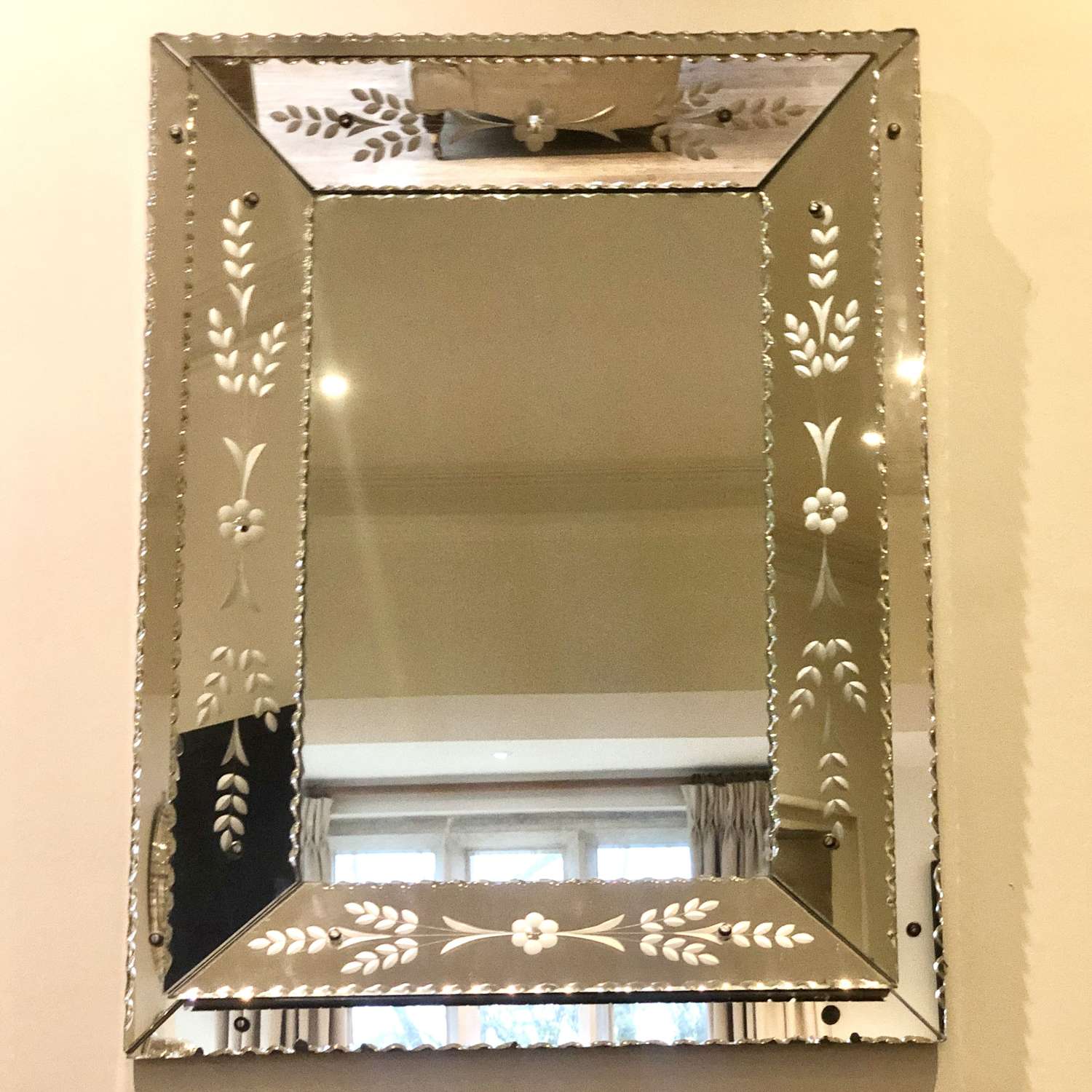 1930s Venetian etched and scalloped edged mirror