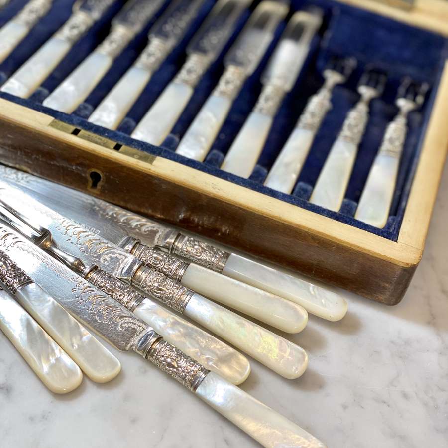 Edwardian silver and mother of pearl cutlery canteen for 12