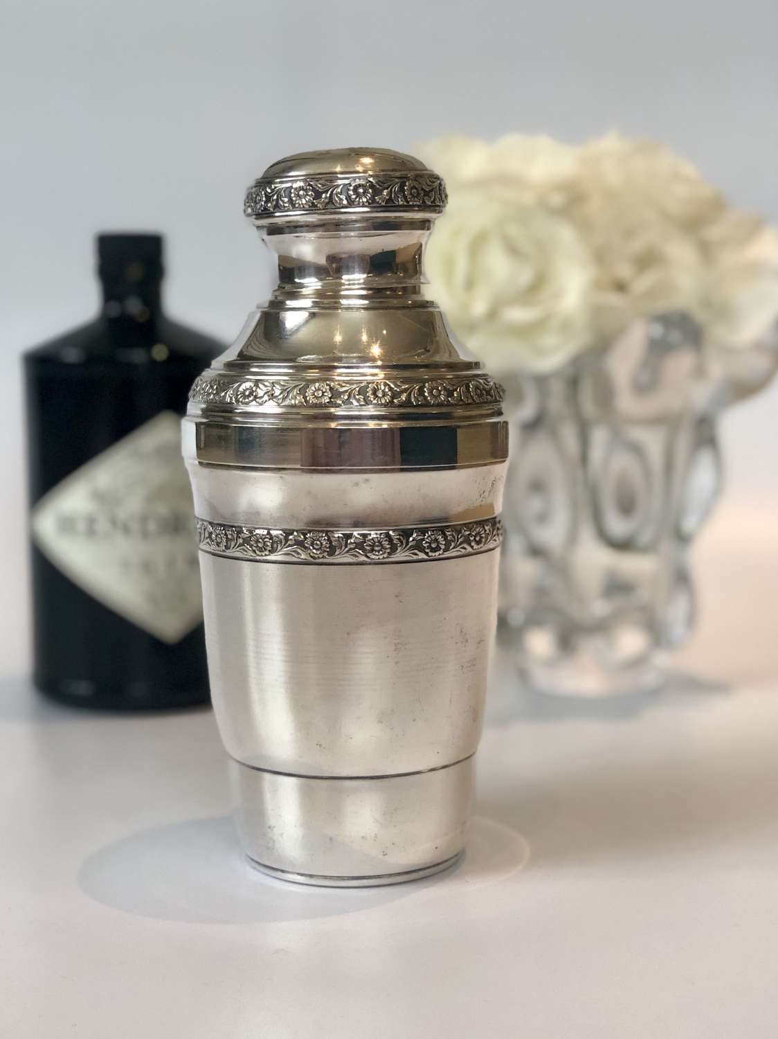 Pretty embossed flower silver plated cocktail shaker
