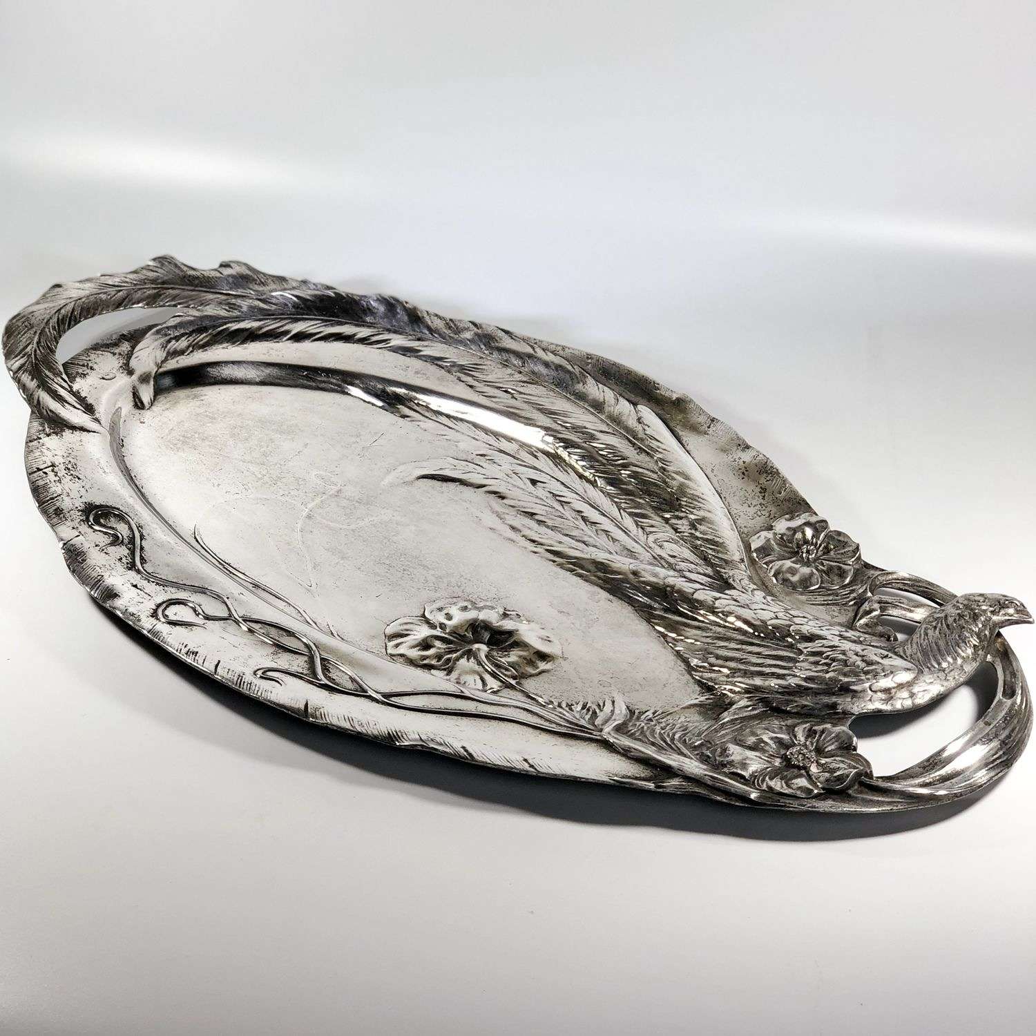 Art Nouveau large silver plated pheasant tray