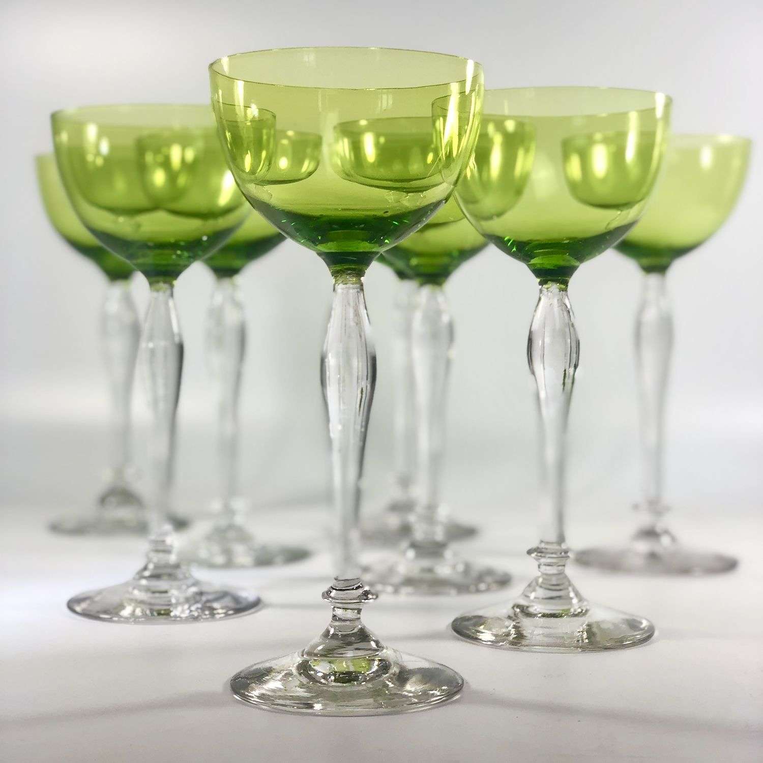 8 Chartreuse green finest crystal tall wine glasses