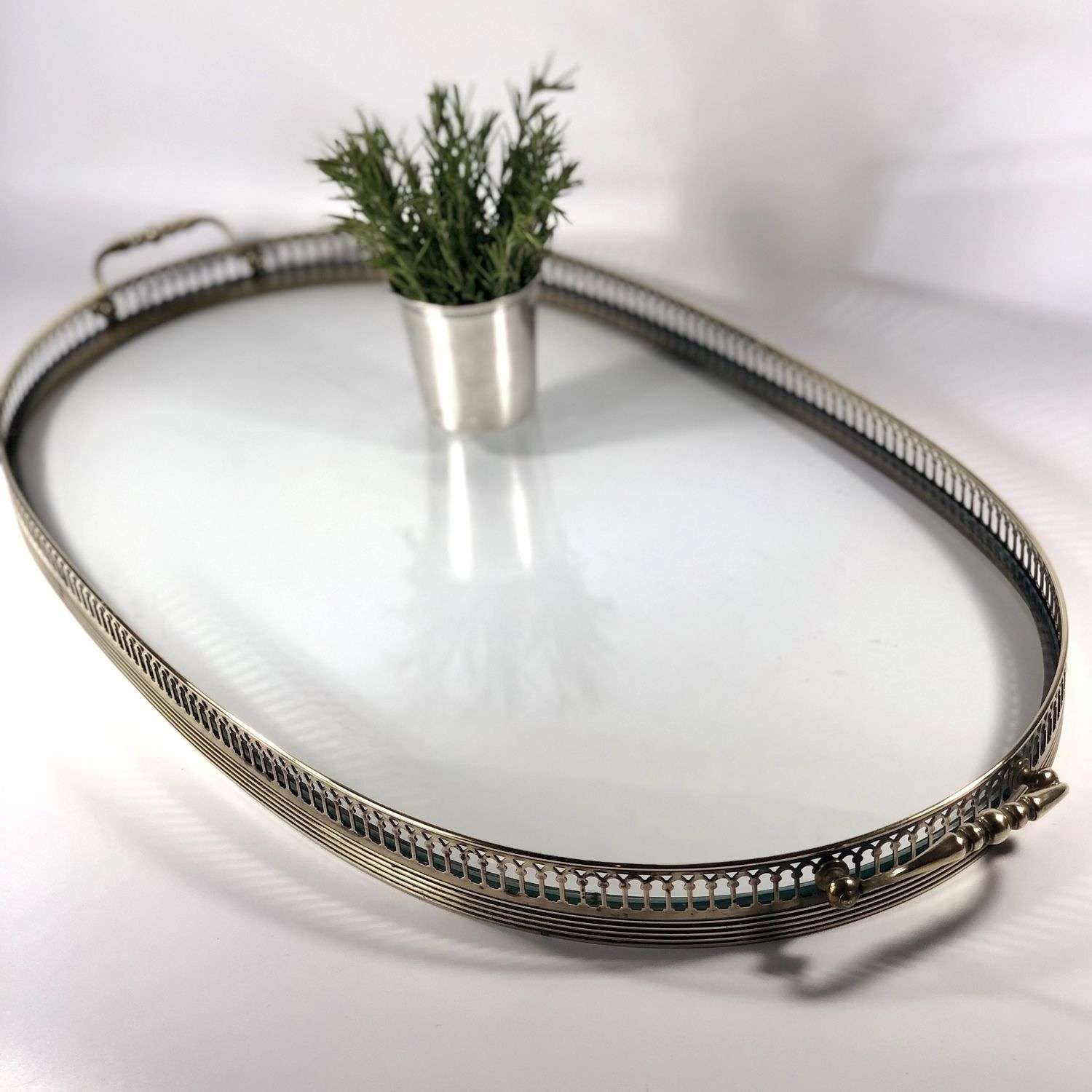 Giant oval French glass and brass serving tray