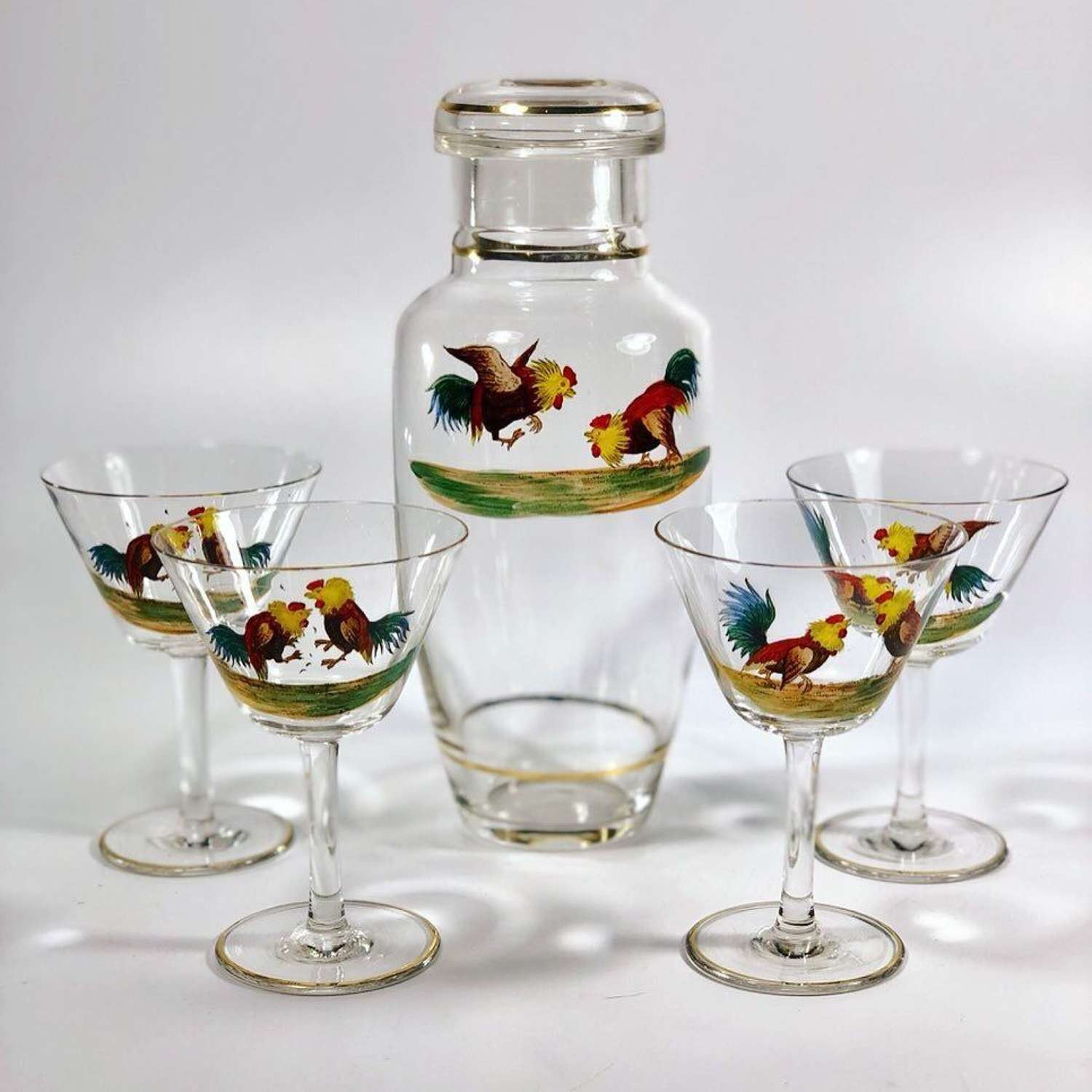 Mid 20th Century glass cockerel cocktail shaker and glasses