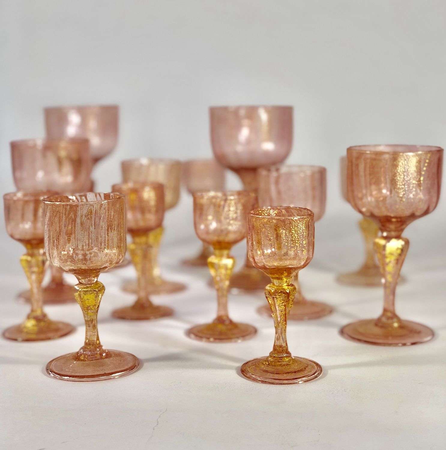 Pretty set of pink and gold Venetian after dinner glasses
