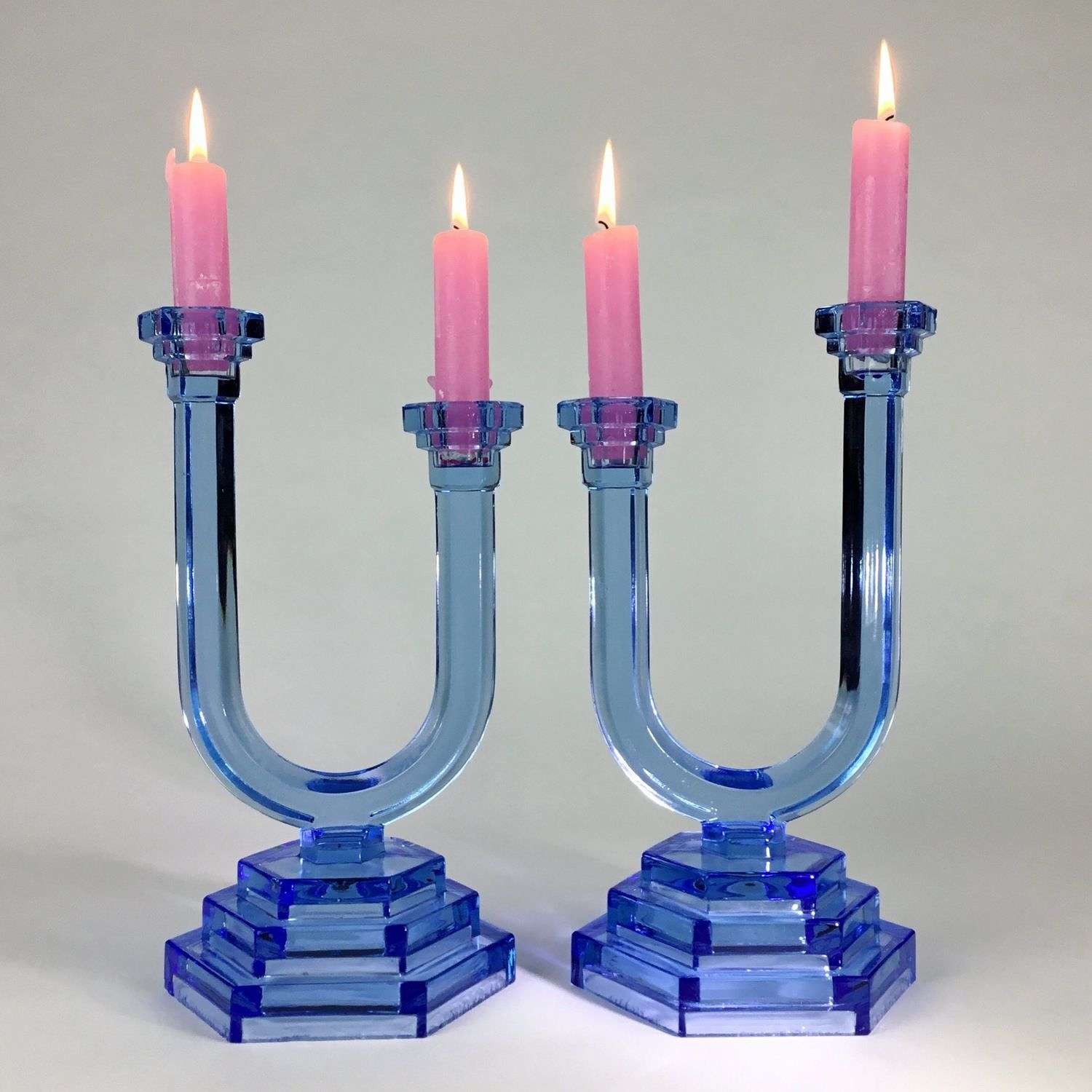Pair of Art Deco blue glass candlesticks