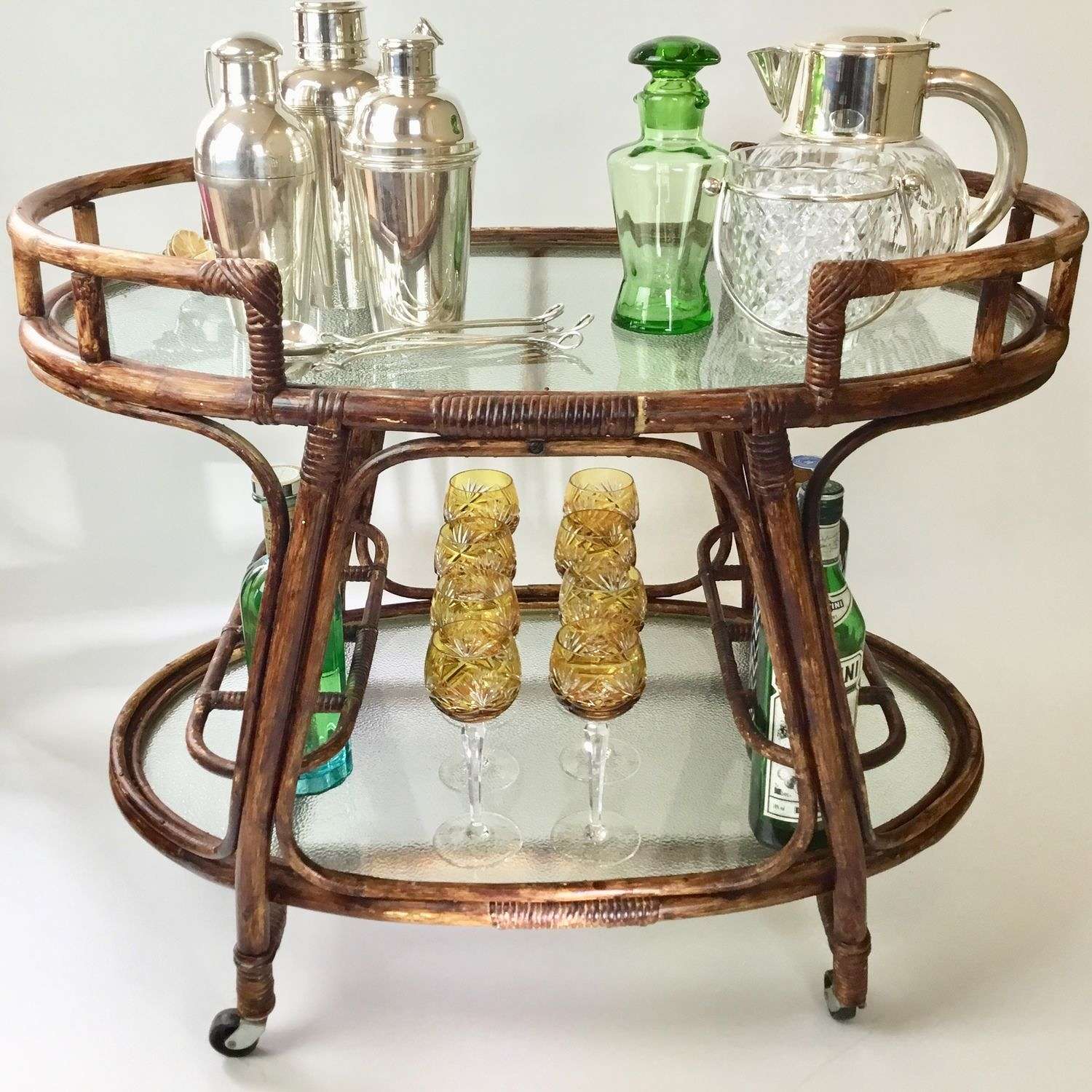 Oval rattan bamboo drinks trolley 1960s