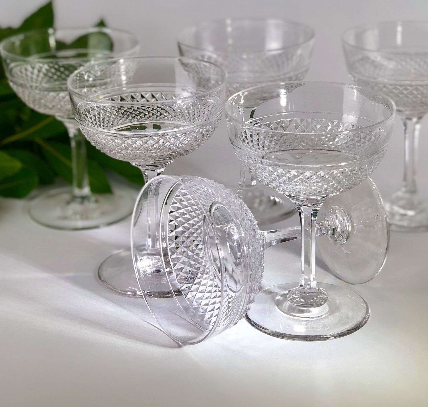 Six exquisite Victorian crystal champagne saucers