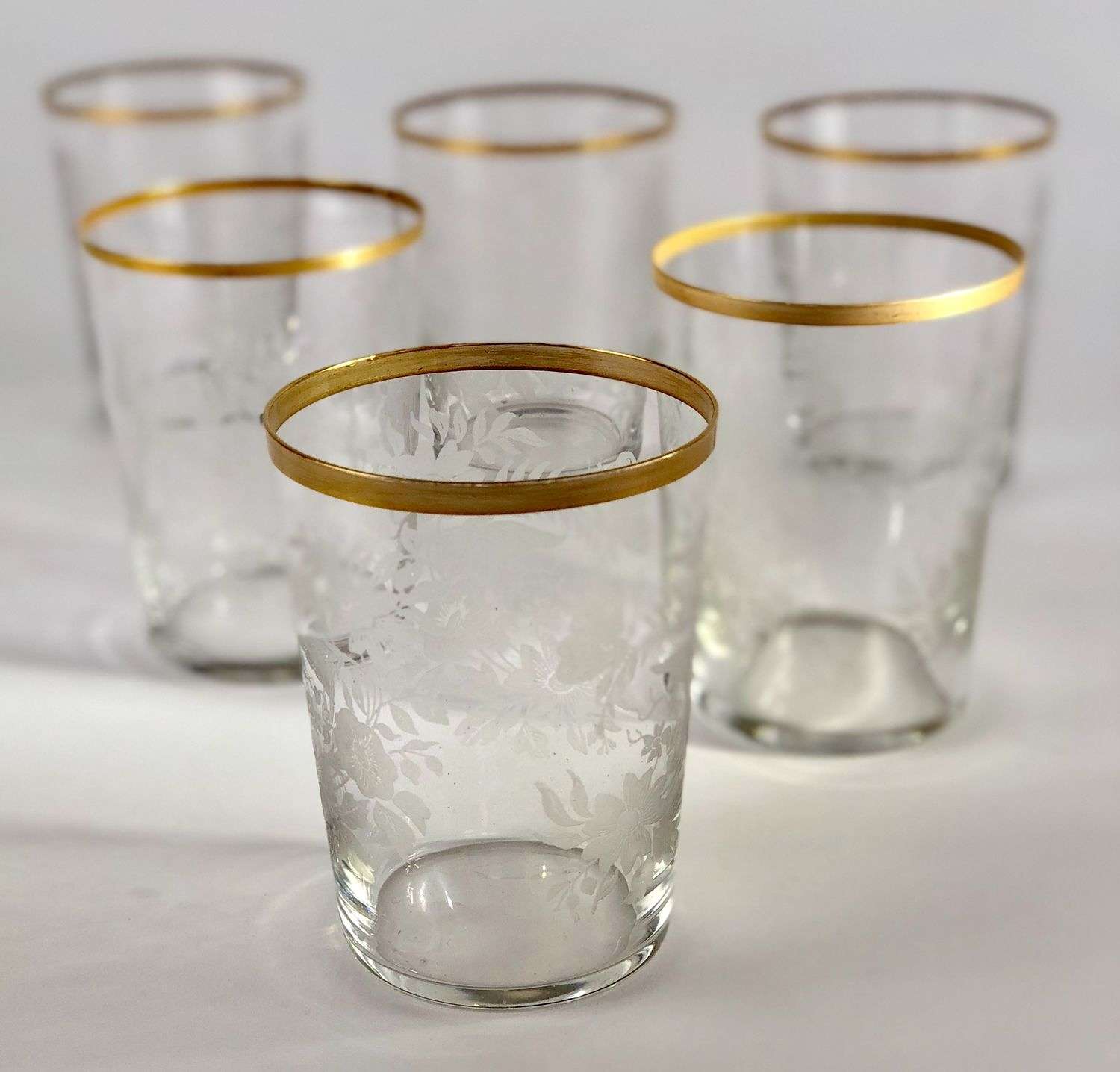 1920s gold rimmed floral & butterfly etched glass tumblers