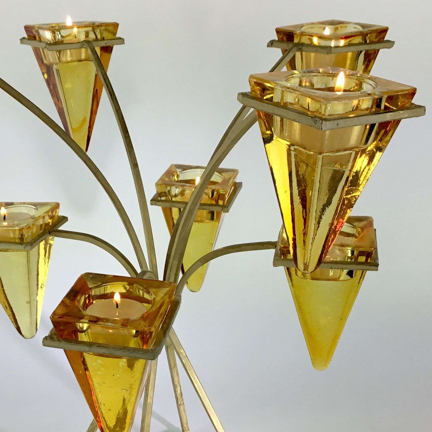Fabulous 1970s amber glass and metal eight light candelabra