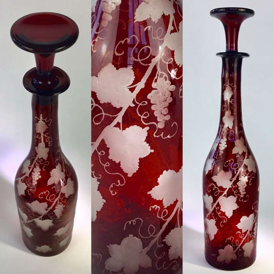 Fine 19th C Bohemian wheel etched ruby glass decanter