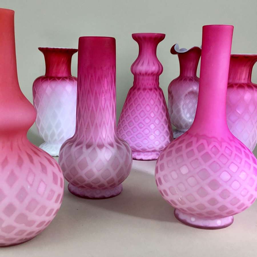 Collection of Victorian satin glass posy vases Circa 1880
