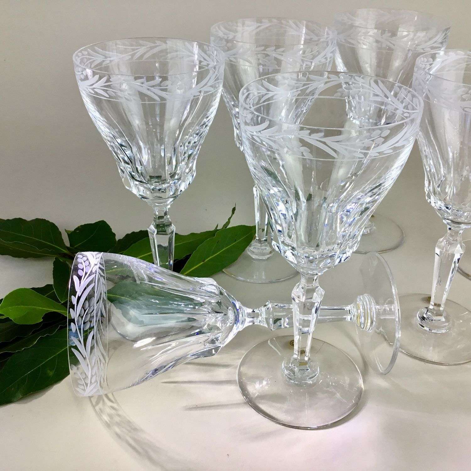 14 Val Saint Lambert finest etched crystal wine goblets 1950s