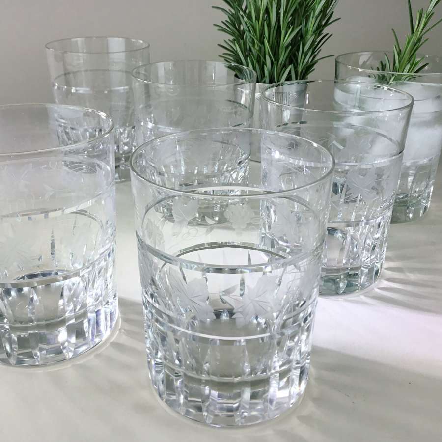 Striking set of six etched and cut glass tumblers