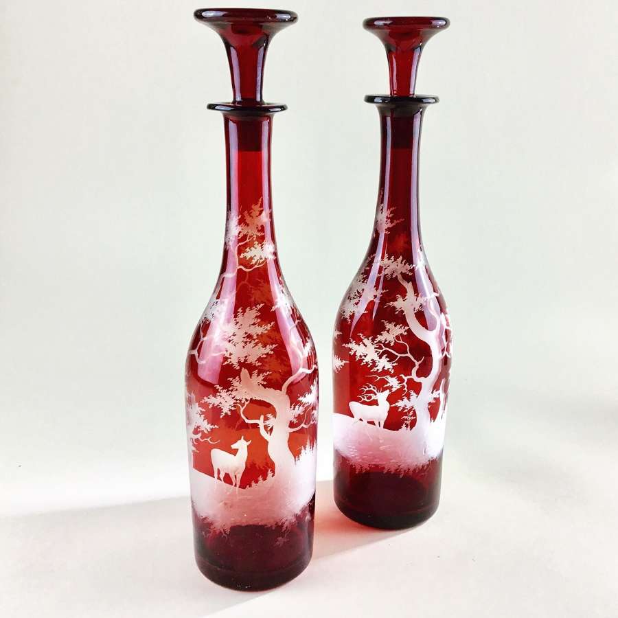 Pair of Bohemian ruby etched decanters Circa 1860s