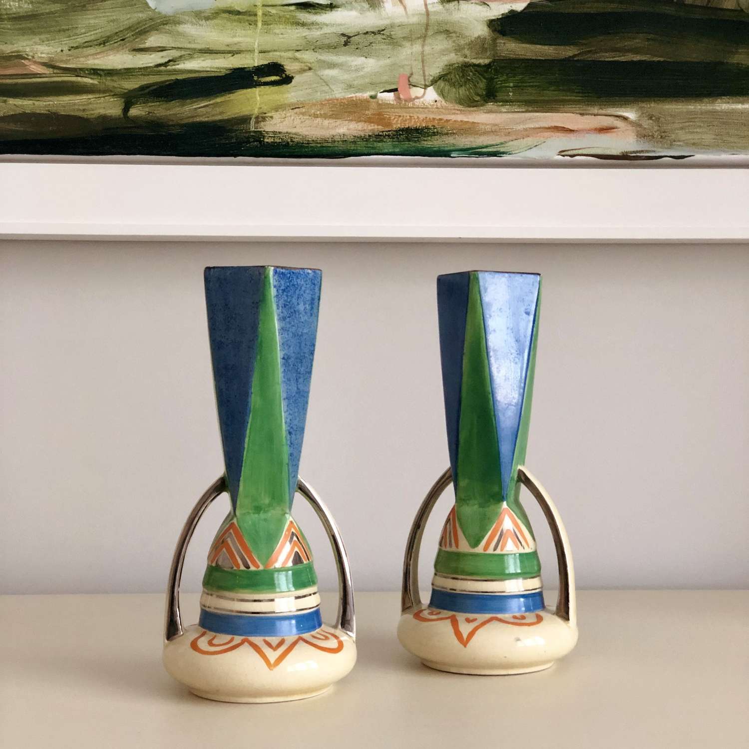 Jazzy Art Deco hand painted tall vases