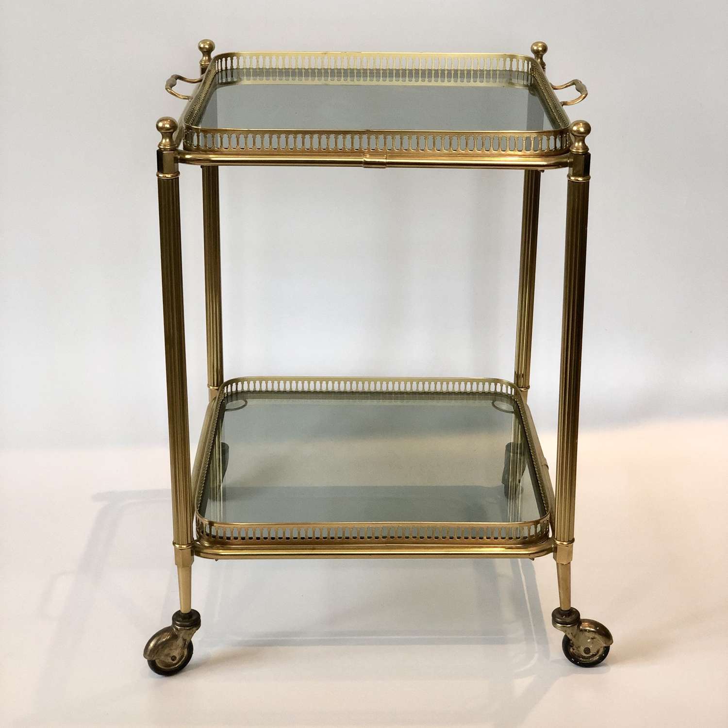 Vintage square brass & smoked glass cocktail trolley bar cart