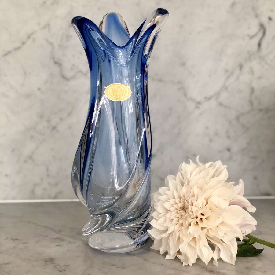 Tall cobalt blue spiral crystal vase by Val Saint Lambert