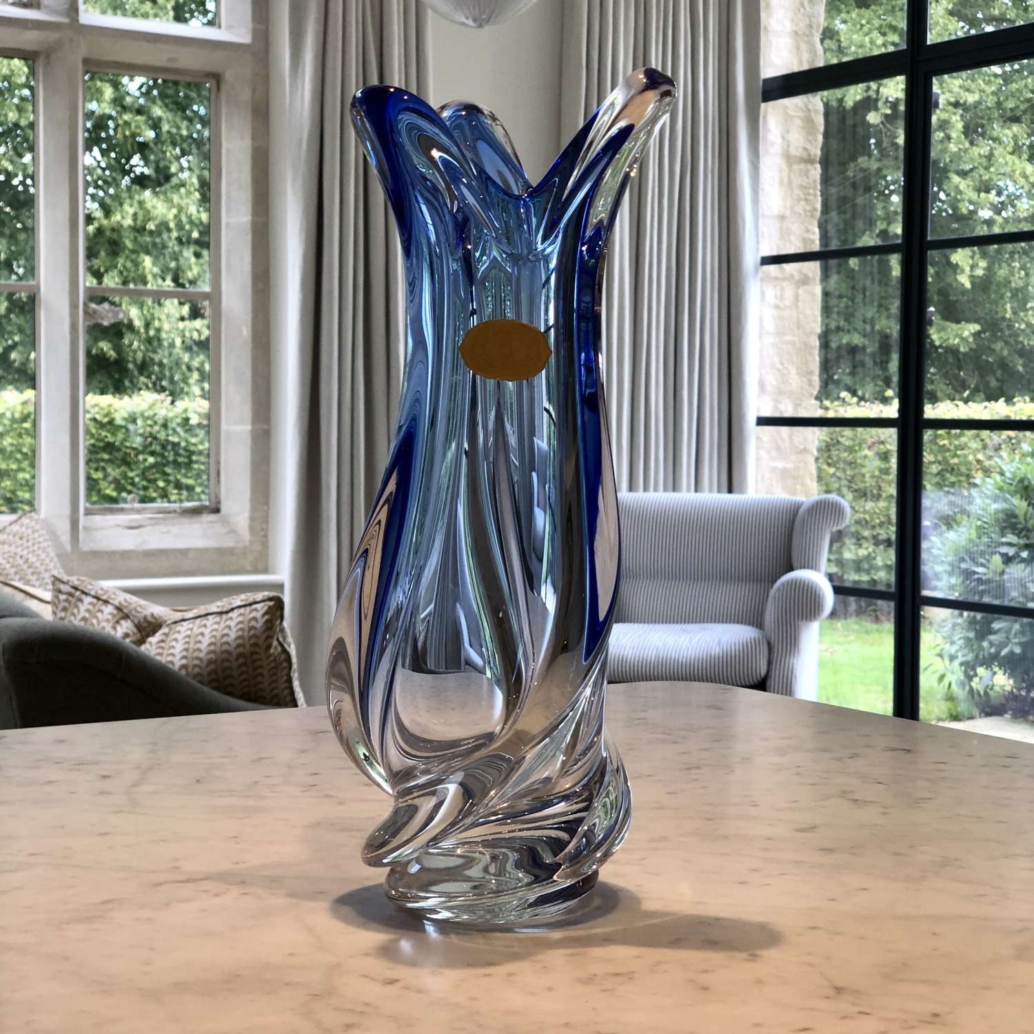 Tall cobalt blue spiral crystal vase by Val Saint Lambert
