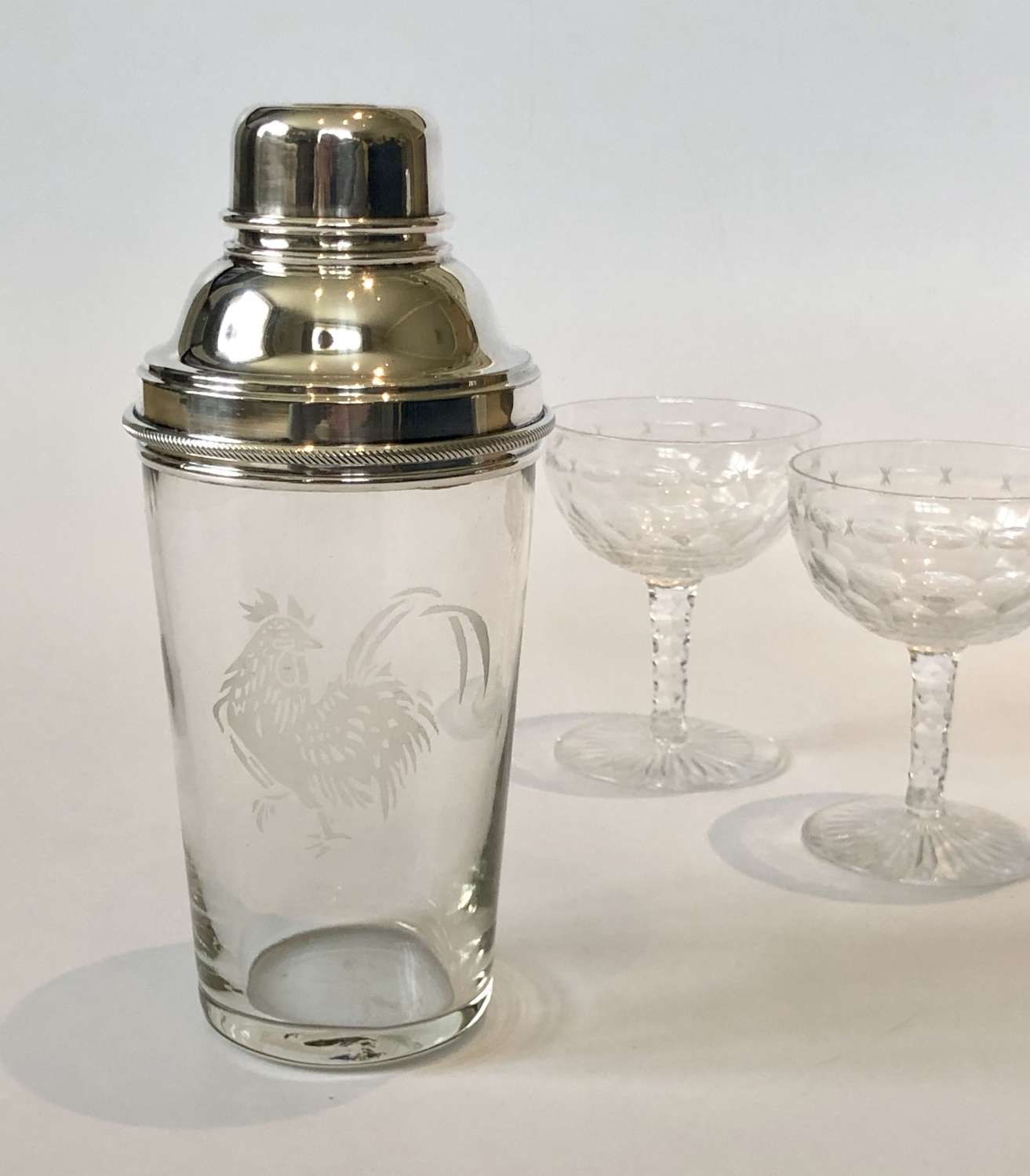 English etched glass cockerel cocktail shaker