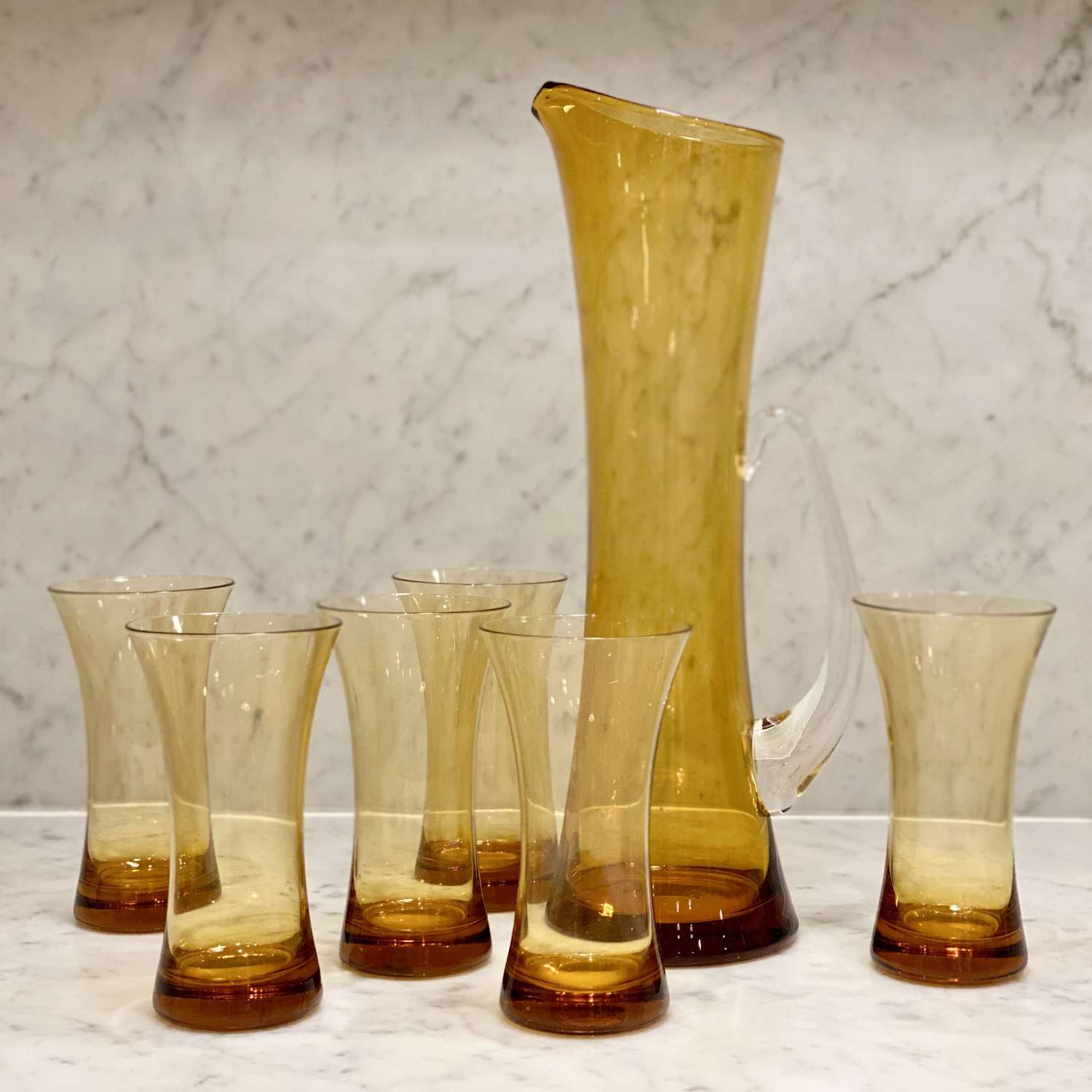 Extra tall Whitefriars amber jug and tumblers set