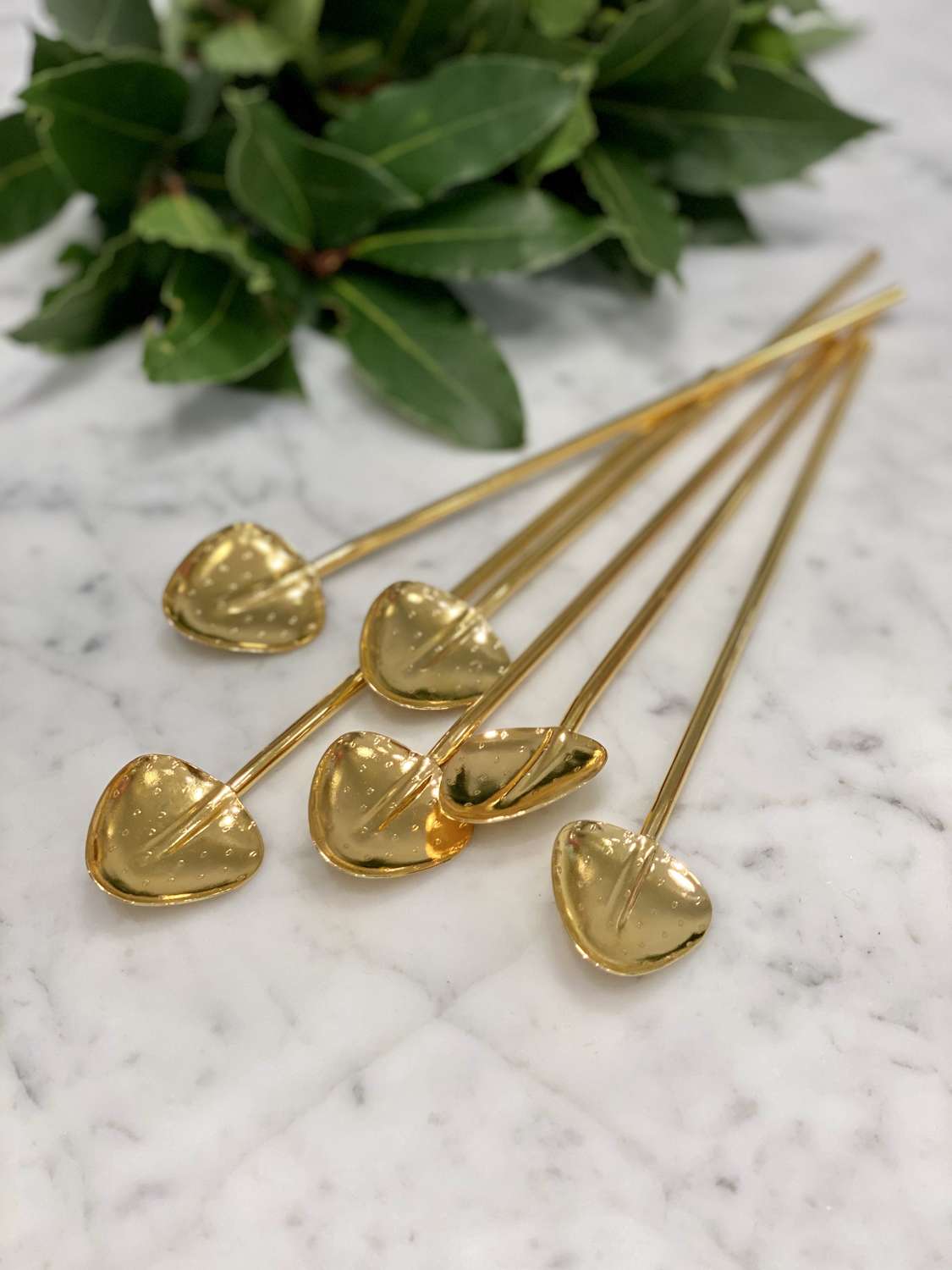 Set of six gold plated cocktail straw spoons