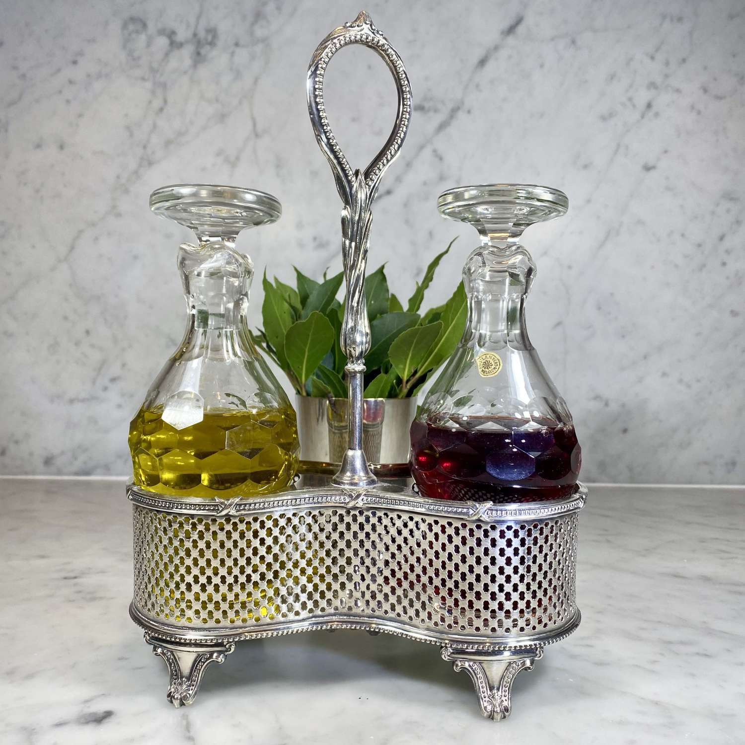 Val Saint Lambert crystal & silver plated oil and vinegar cruet set