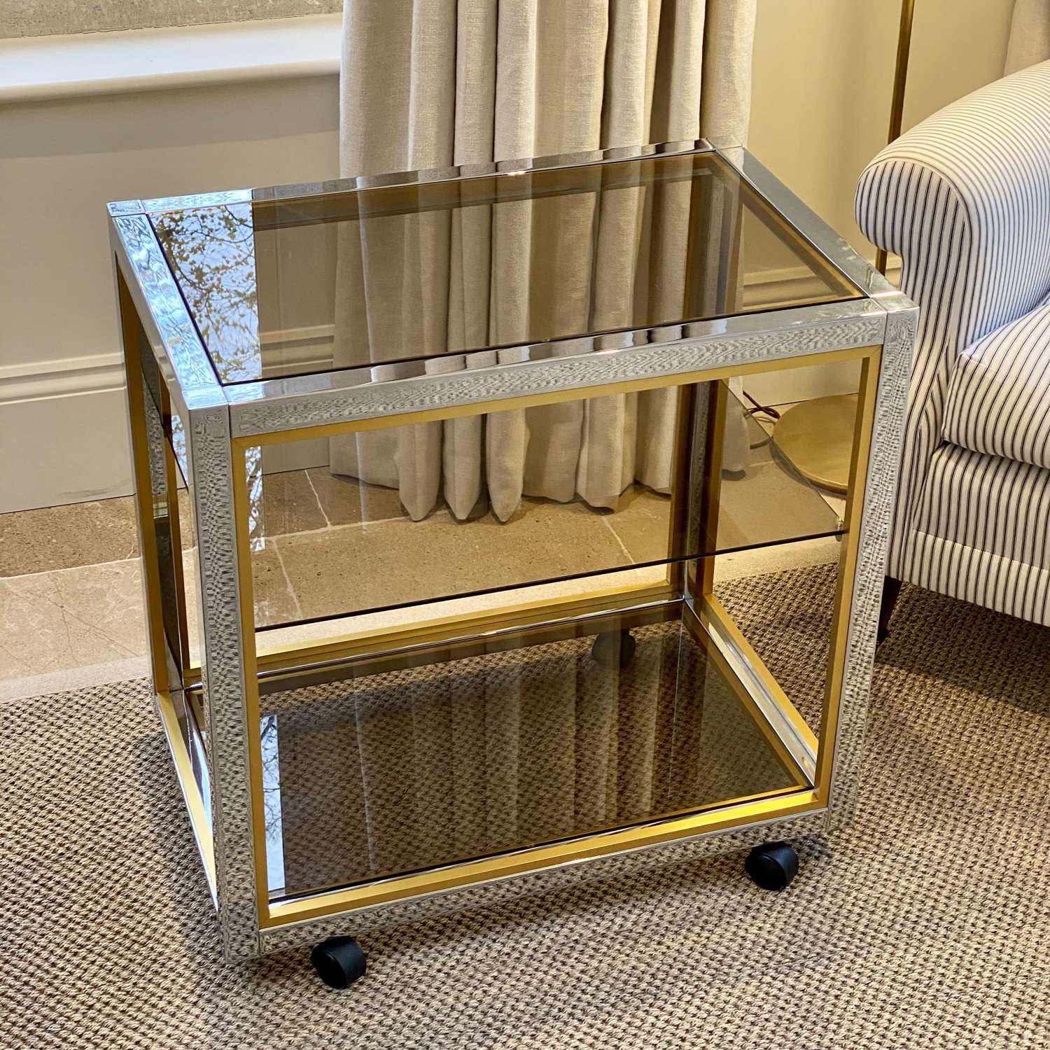 1970s brass, chrome and smoked glass cocktail drinks trolley