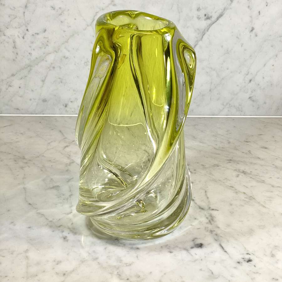 Giant chartreuse spiral crystal vase by Val Saint Lambert