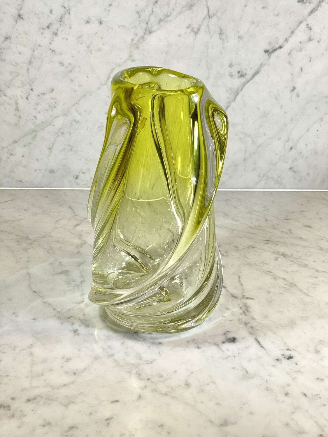 Giant chartreuse spiral crystal vase by Val Saint Lambert