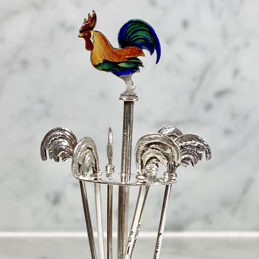 Silver malachite enamel & onyx Art Deco cockerel cocktail stick stand