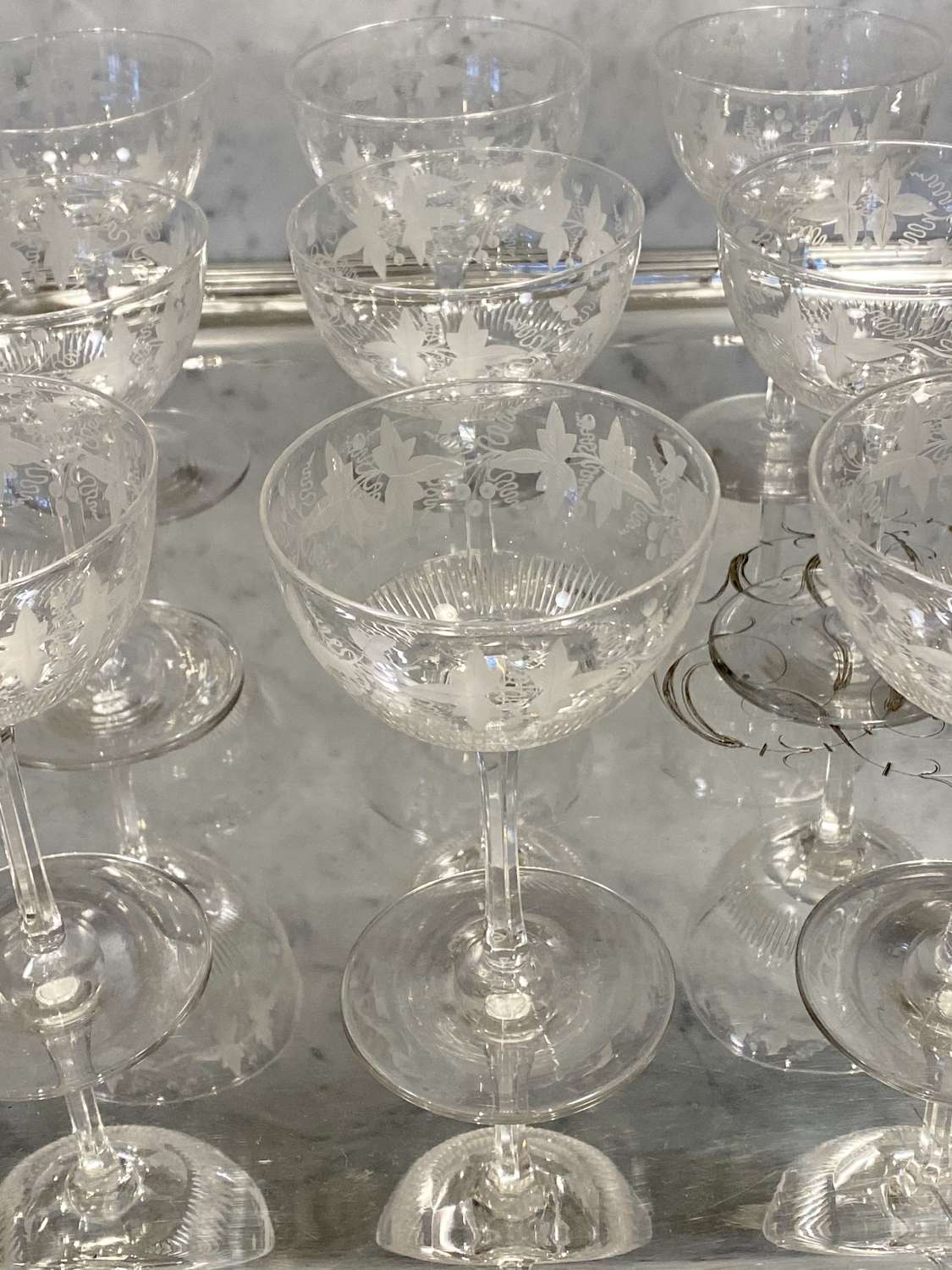 Set of 15 exquisite Victorian vine etched crystal coupes
