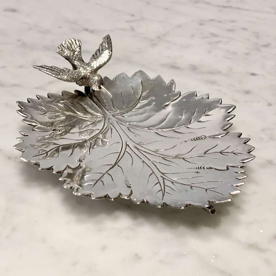 19th Cent vine leaf and swooping kingfisher silver plated dish