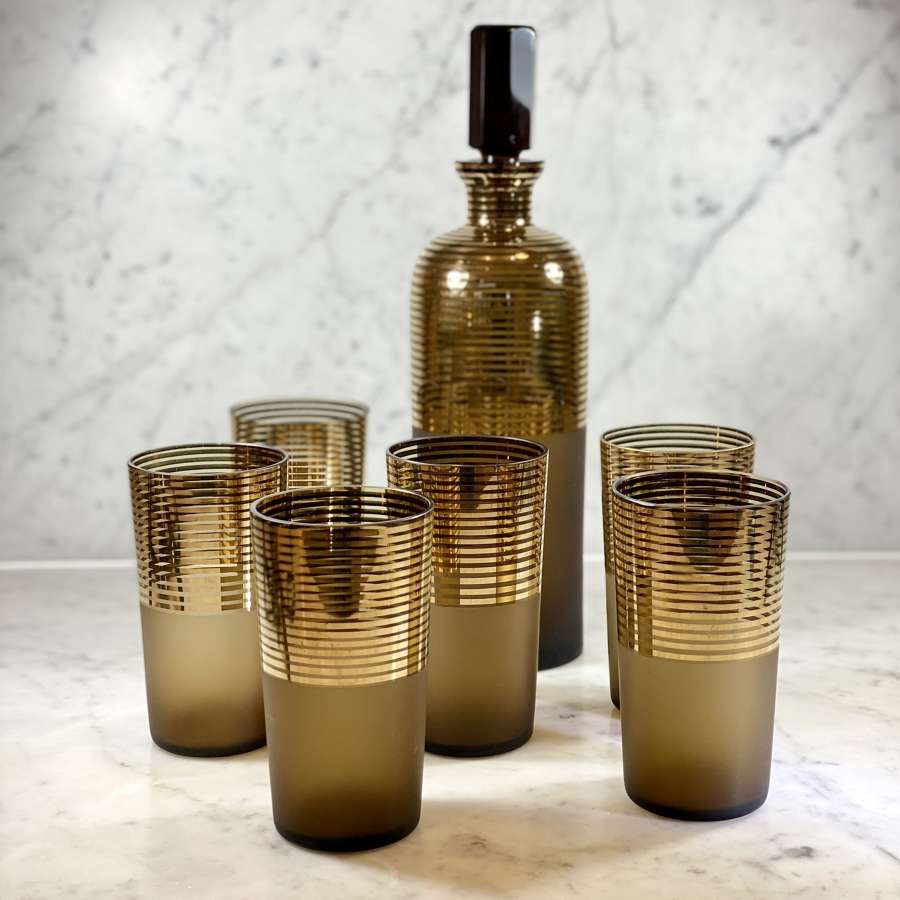 Art Deco Bohemian satin and gold glass decanter set
