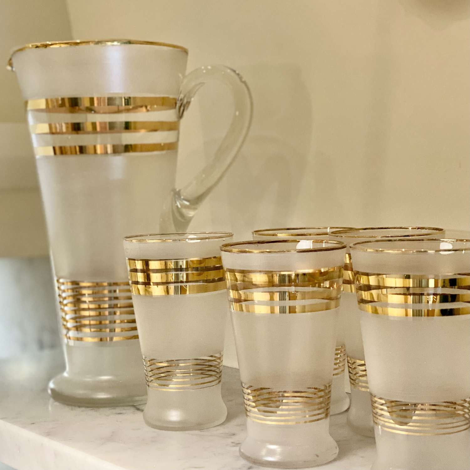 Art Deco satin glass & gold cocktail jug & glasses