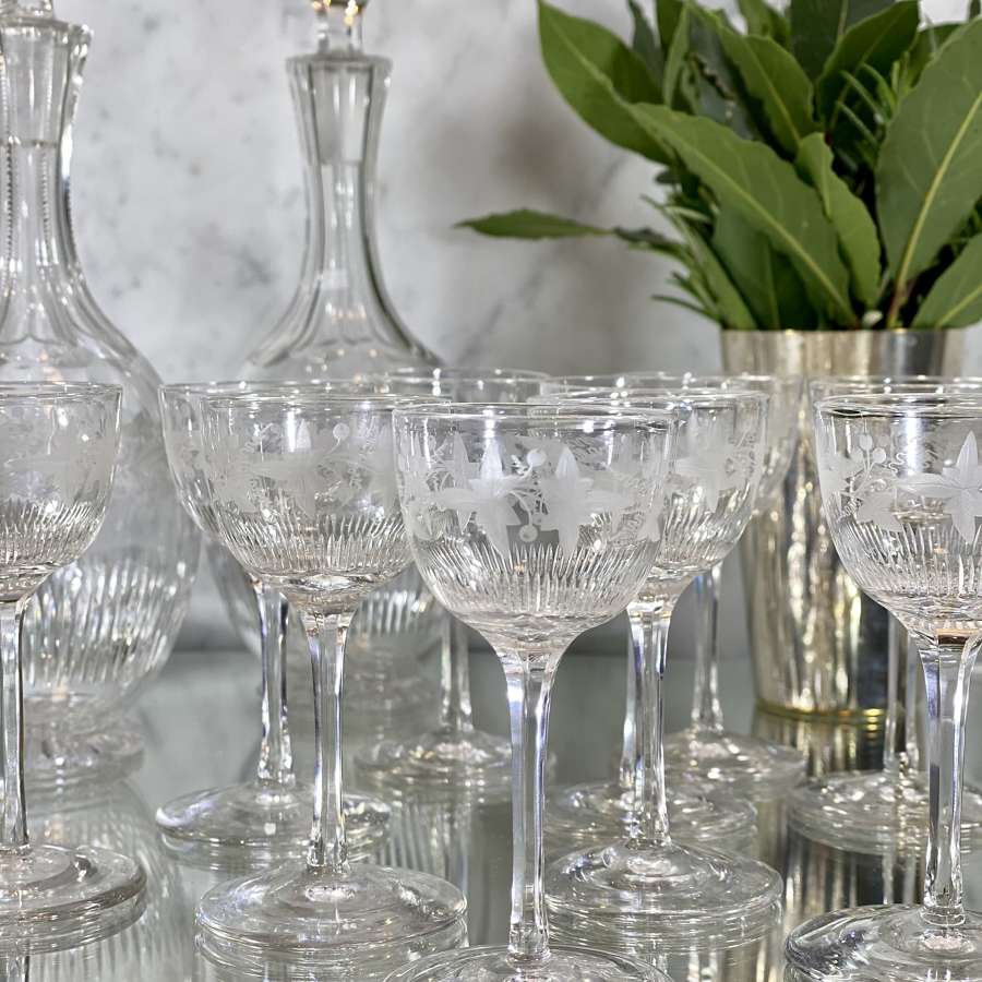 Superb Victorian vine etched crystal liqueur decanter & glasses set