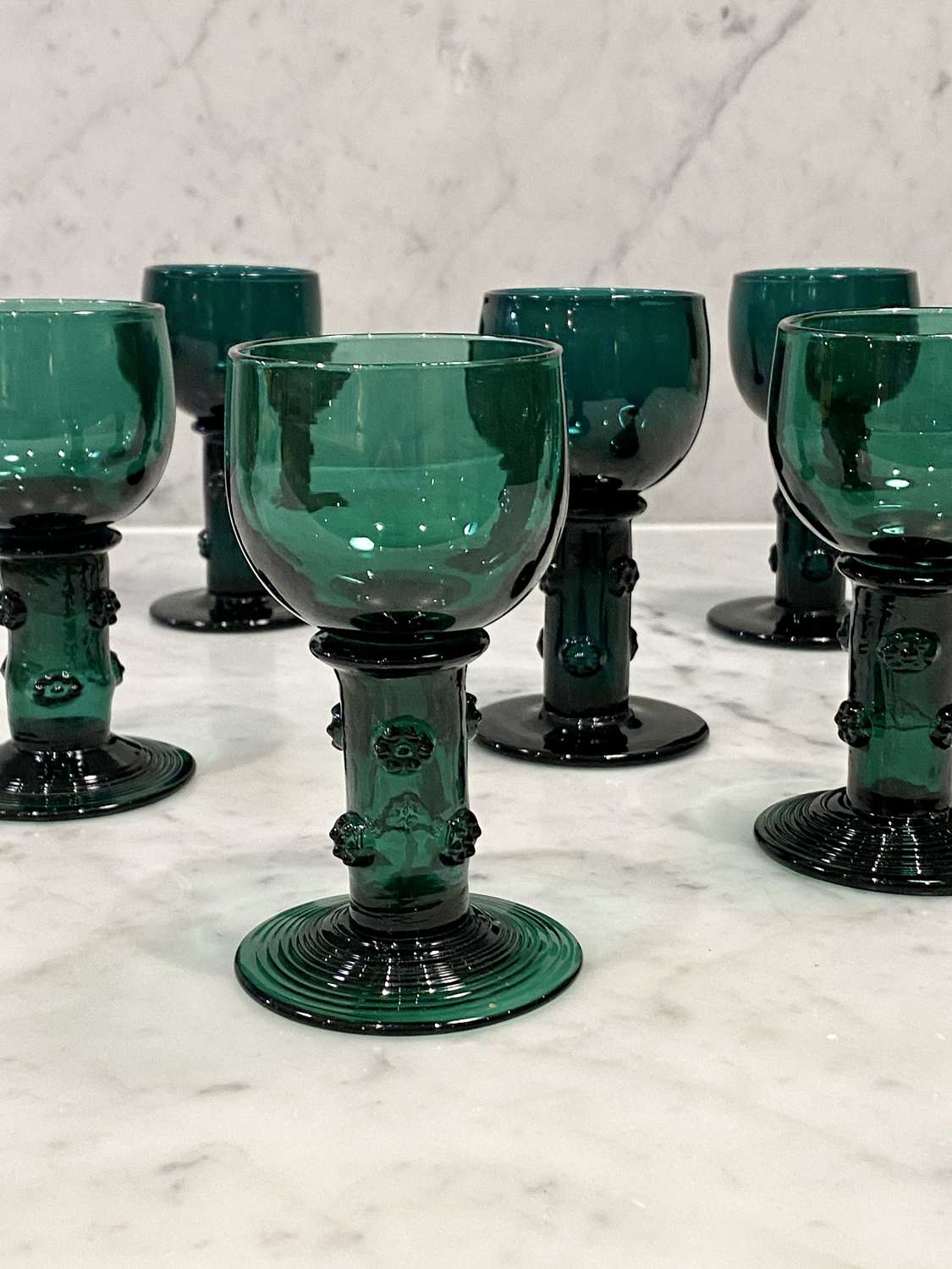 Six Georgian Bristol green Roemer wine glasses