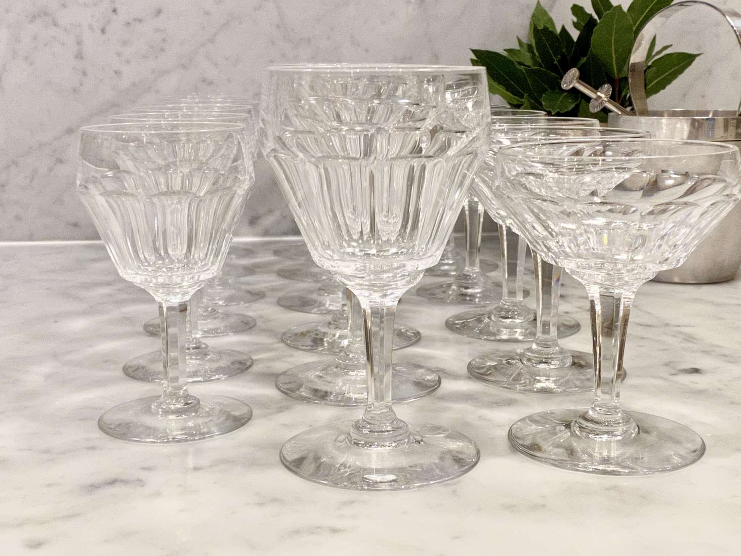 Suite of Val Saint Lambert crystal wine & champagne glasses