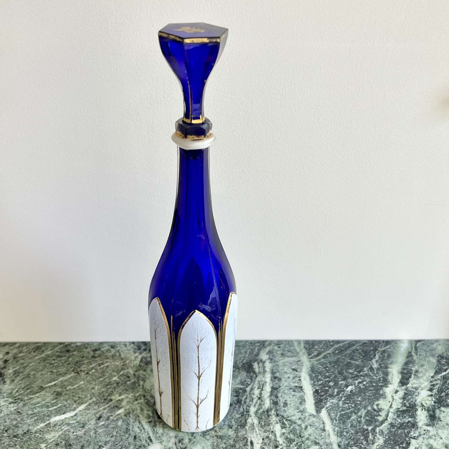 Early Victorian gilded and overlaid cobalt glass decanter