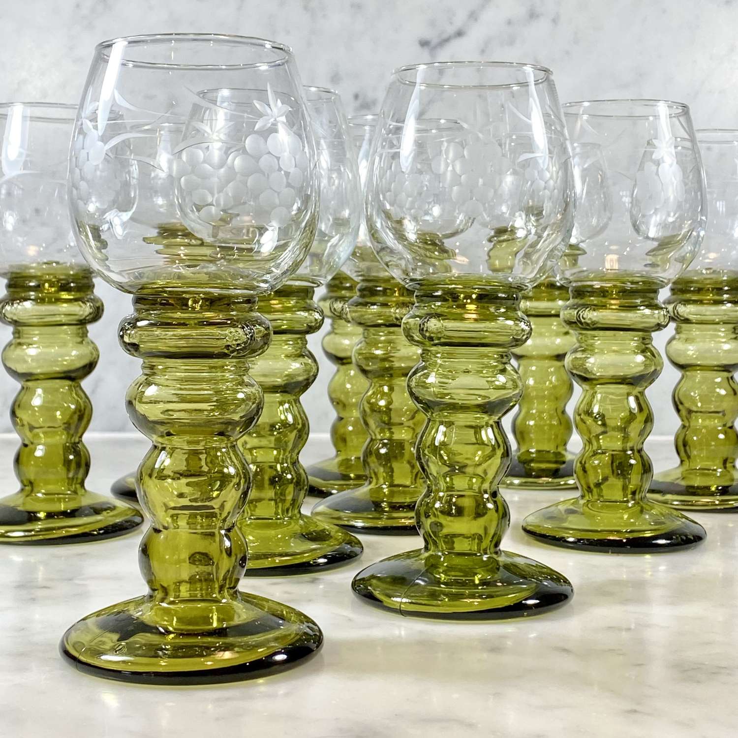 10 tall vine etched hollow stem Roemer wine glasses