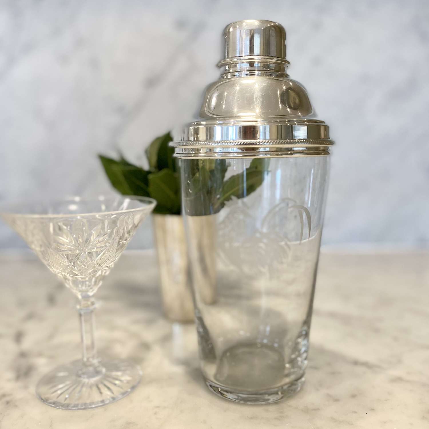 Superb large cockerel etched glass and silver plated cocktail shaker