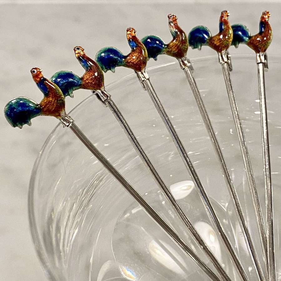 Beautifully enamelled silver cockerel cocktail sticks
