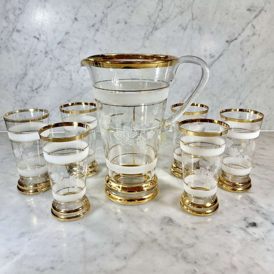 Mid 20th Century gold plated glass lemonade or cocktail jug set