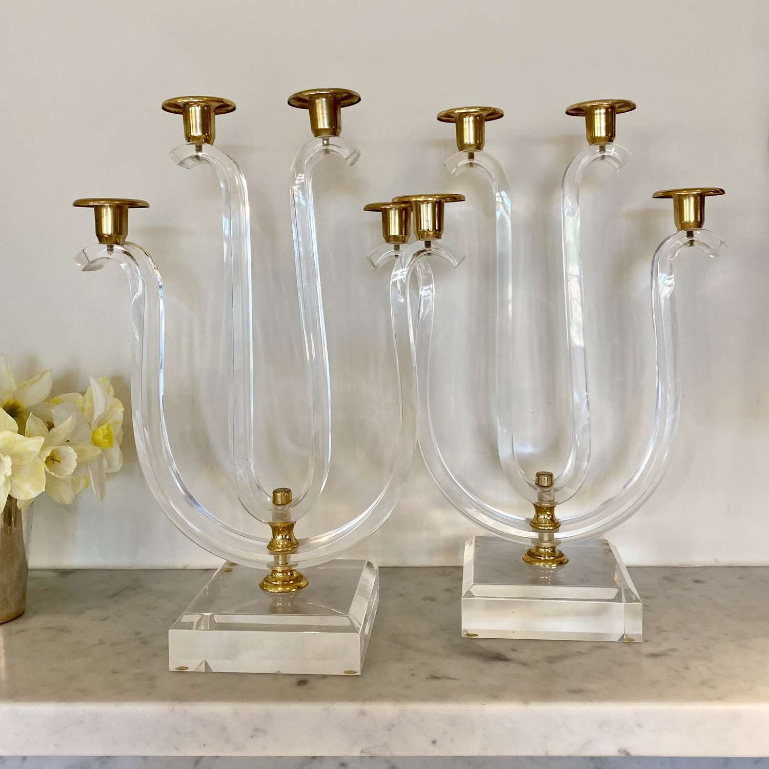 Pair of lucite and gilt triple candelabra Circa 1970s