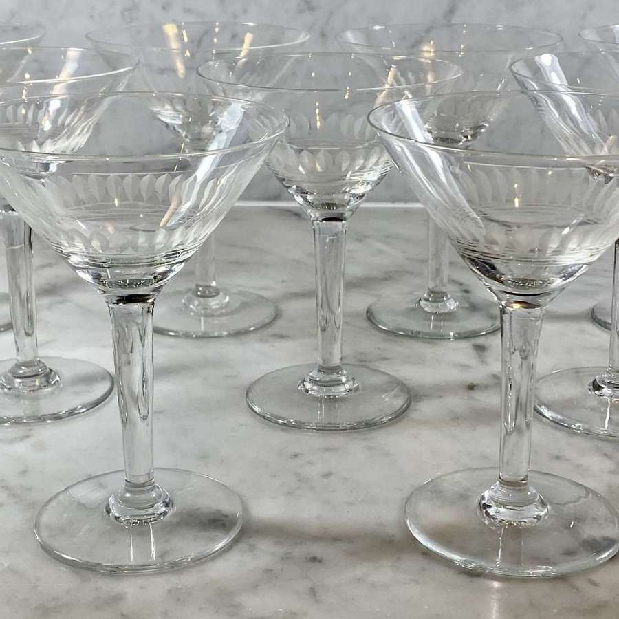 Set of 9 pretty etched crystal Martini cocktail glasses