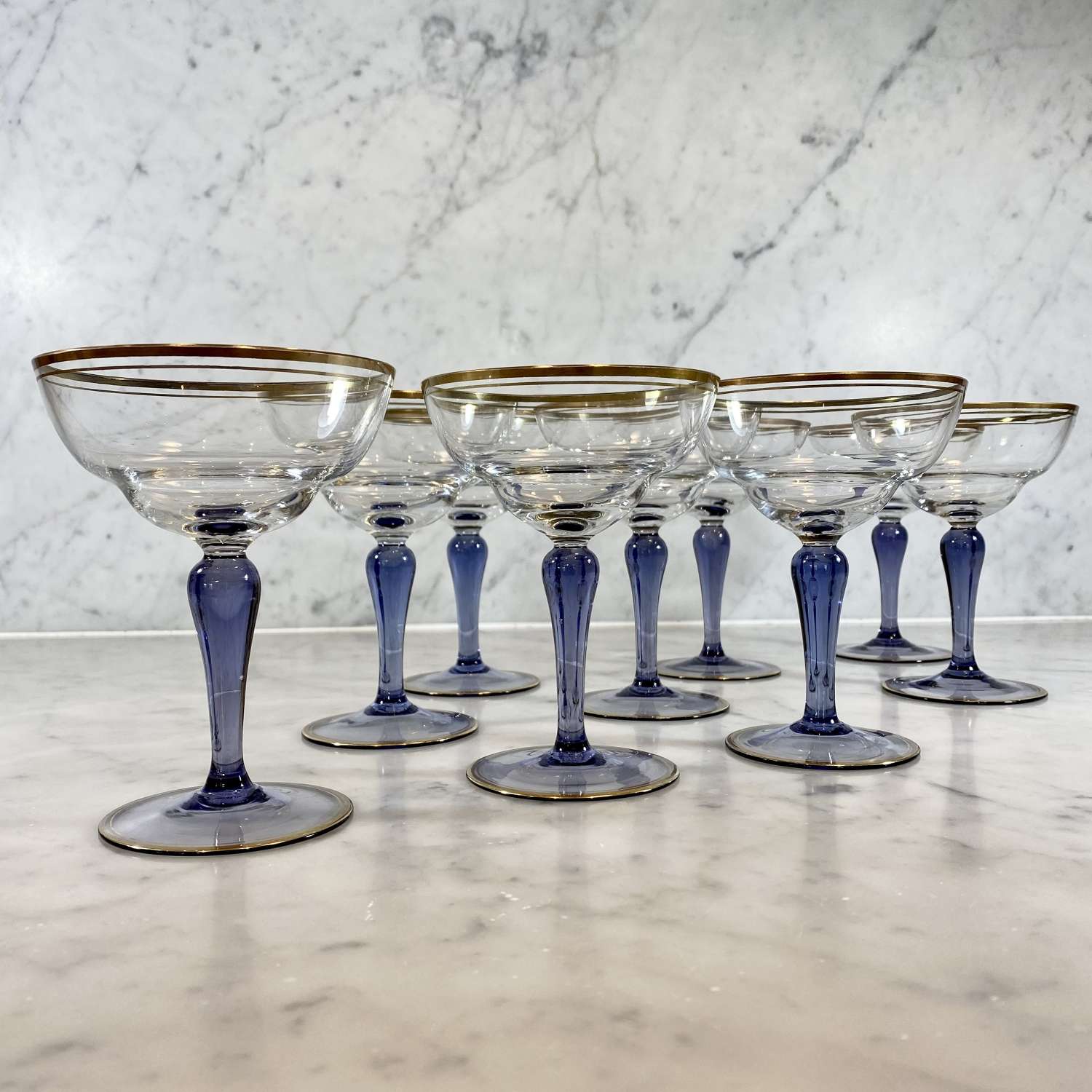 French Art Deco gold rim & lilac glass stem champagne cocktail coupes
