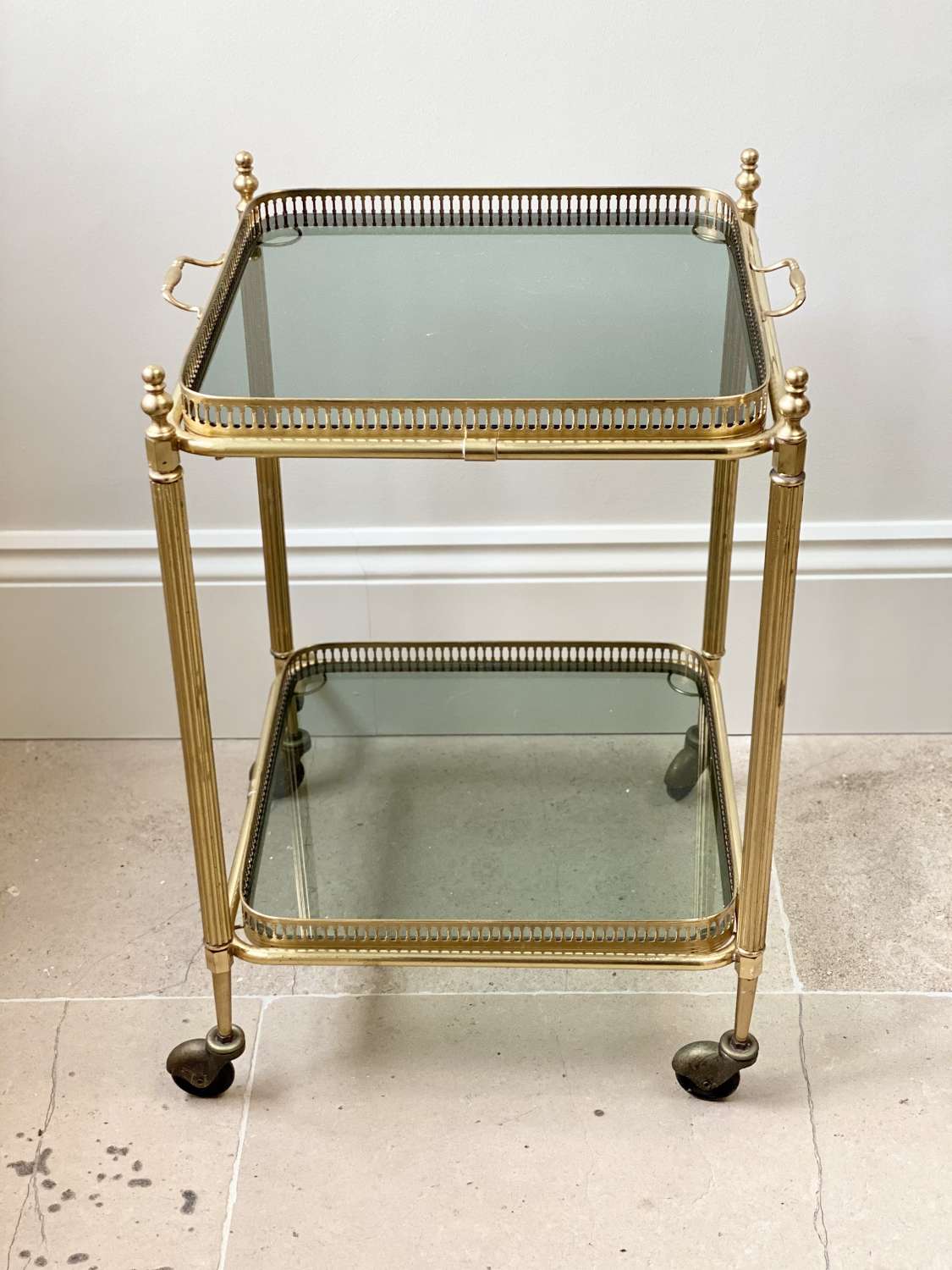 Vintage square brass & smoked glass cocktail trolley bar cart