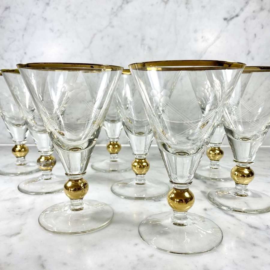 8 Art Deco French gold and geometric etched cocktail glasses