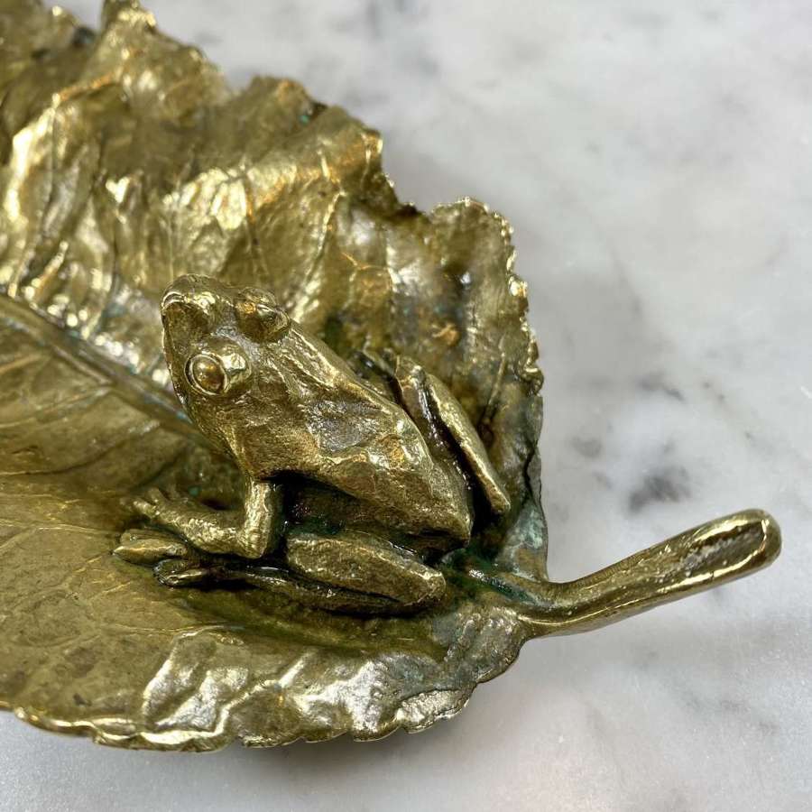 Unusual antique ormolu frog on large leaf serving dish