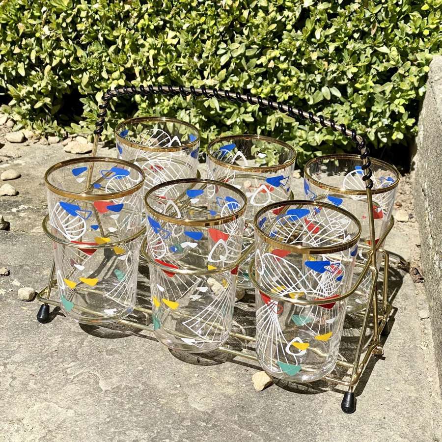 1950s glass bar tumblers in carrying caddy