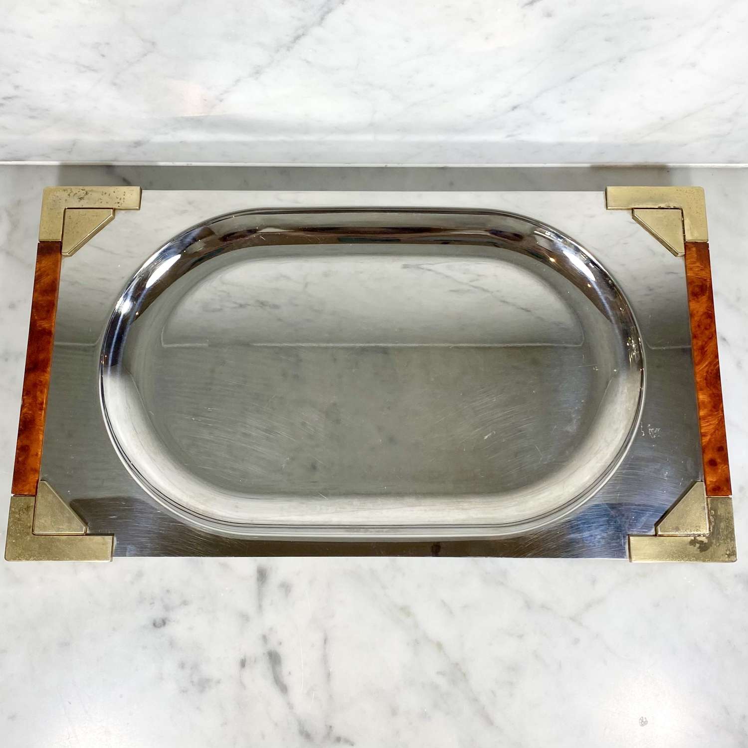 Bold 1970s French steel, gilt & tortoise lacquer oblong tray